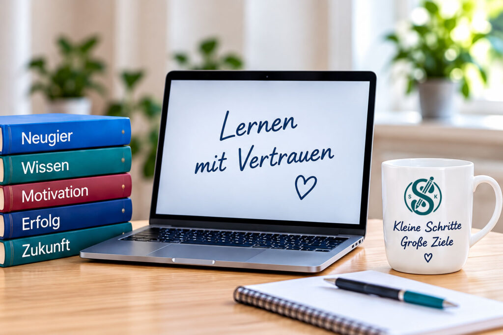 Nachhilfe-Tutor.ch – Cookies und Vertrauen Laptop mit „Lernen mit Vertrauen“ sowie Büchern zu Neugier, Wissen, Motivation, Erfolg und Zukunft