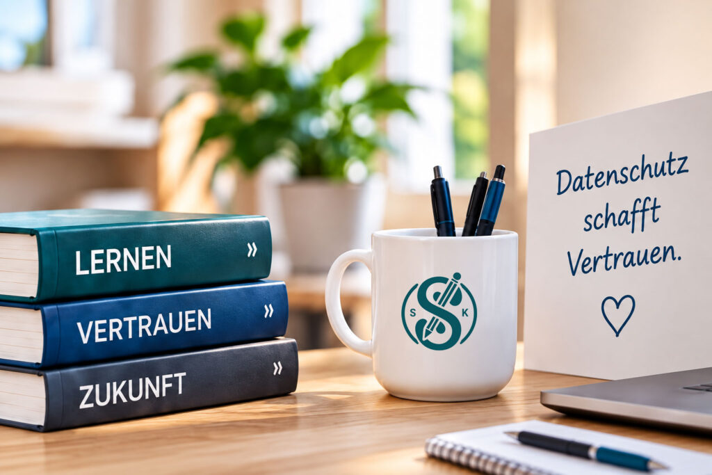 Bücher zu Lernen, Vertrauen und Zukunft mit dem Hinweis „Datenschutz schafft Vertrauen“