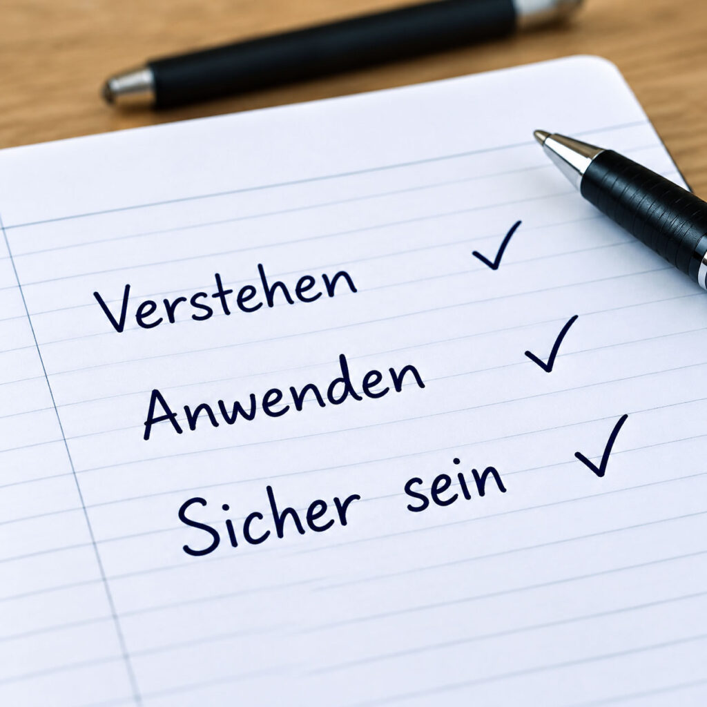 Notiz mit „Verstehen, Anwenden, Sicher sein“ als Prinzip nachhaltiger Nachhilfe